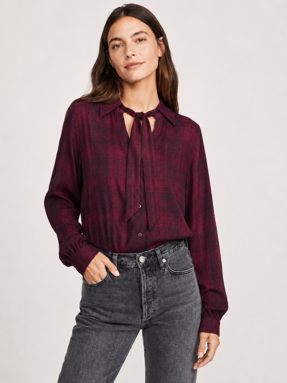 PAIGE Taryn Tie-Neck Plaid Button-Down Shirt